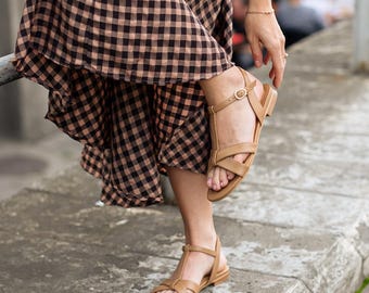 Beige Leather Sandals: Retro Summer Flats, Handmade Shoes