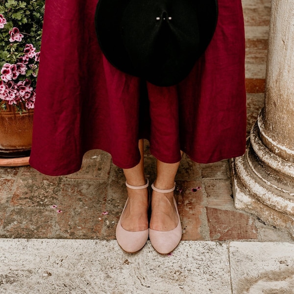 Leather ballerinas, light pink genuine suede leather, ankle strap flats, suede ballet flats, women flat shoes, boho wedding shoes, bridal