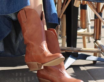 Women’s cowboy boots – leather western boots, boho style, classic cognac brown