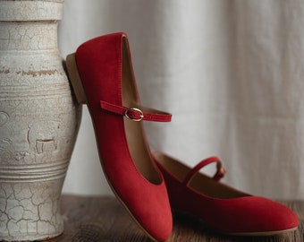 Handmade Red Suede Mary Jane Shoes: Retro Ballet Flats