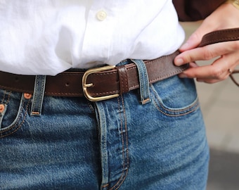 Wide Brown Leather Belt: Women's Waist Belt with Gold Buckle