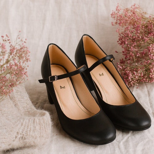 Maryjane Heels Natural Full Grain Black Leather Mary Jane Etsy