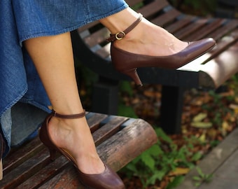 Chocolate brown leather pumps with straps, classic high heel shoes for women