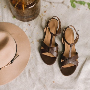Women&#39;s chocolate brown leather sandals, retro style sandals, summer flats, gift for her, boho style shoes, nature lover, boho wedding