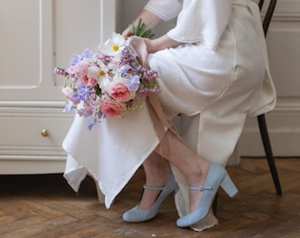 Handmade Baby Blue Suede Mary Jane Heels: Retro Bridal Shoes