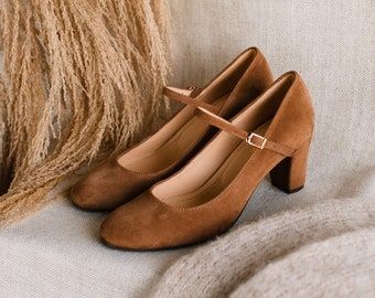 Mary-Jane heels, natural cigaro brown velvet leather, mary jane heels shoes, retro bride shoes, nature lover