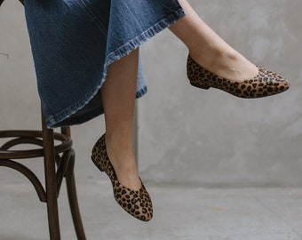 Pointed toe flats, leopard print calf leather, Mary Janes, leather ballerinas, women flats, nature lover,