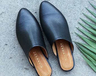 Classic natural full grain black leather Mules, gift for her, boho style shoes, nature lover