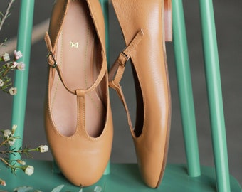 Retro style caramel genuine leather ballet flats, mary jane shoes, ballerinas, rounded toe shoes, mom and daughter shoes, swing shoes