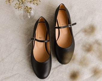 Chaussures en cuir véritable noir Mary-Jane, ballerines de style rétro, chaussures faites à la main, chaussures à bout arrondi, style classique, amoureux de la nature, chaussures plates