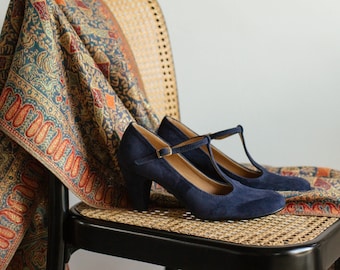 Retro-Stil marineblau Wildleder, Mary Jane Heels Schuhe, Geschenk für sie, Boho Style Schuhe, Boho Braut