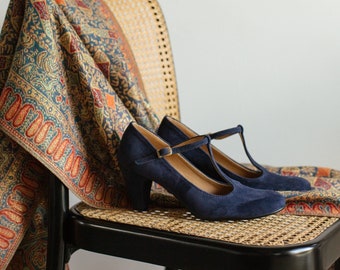 Navy Blue Suede Mary Jane Heels: Retro Style Leather Shoes
