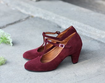 Retro style natural burgundy velour leather, mary jane heels shoes, gift for her, boho style shoes, nature lover