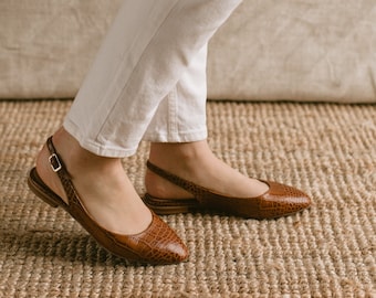 Handmade Brown Crocodile Embossed Leather Slingback Ballerinas