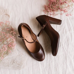 Mary-Jane heels, chocolate brown genuine leather shoes, retro heels shoes, retro bride shoes, nature lover