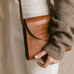 Retro crossbody bag, brown embossed crocodile genuine leather postman bag, minimalistic & timeless design, messenger bag image 1