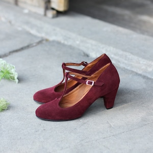 Retro style natural burgundy velour leather, mary jane heels shoes, gift for her, boho style shoes, nature lover