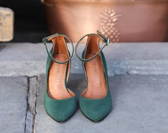 High heels natural bottle green suede leather, decollate shoes , gift for her, boho style shoes, nature lover, boho wedding