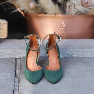 High heels natural bottle green suede leather, decollate shoes , gift for her, boho style shoes, nature lover, boho wedding