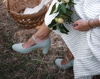 Mary-Jane stijl natuurlijk eucalyptus suède leer, Mary Jane hakken schoenen, cadeau voor haar, retro bruid schoenen, natuurliefhebber