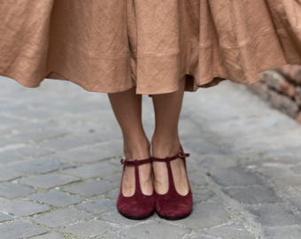 Burgundy Velour Leather Mary Jane Heels: Retro Style Shoes