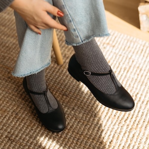 Retro style black genuine leather ballet flats, t-bar shoes, mary jane shoes, matching mom and daughter shoes, gift for her, swing shoes