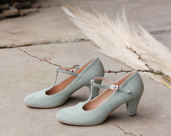 Retro stijl natuurlijk eucalyptus suède leer, Mary Jane hakken schoenen, cadeau voor haar, boho stijl schoenen, natuurliefhebber