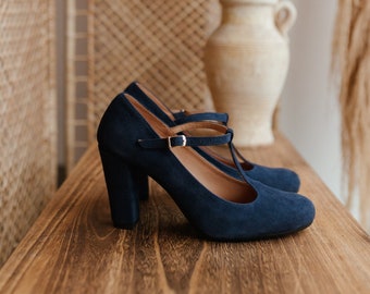 Retro style natural navy blue suede leather, mary jane heels shoes, gift for her, boho style shoes, boho bride