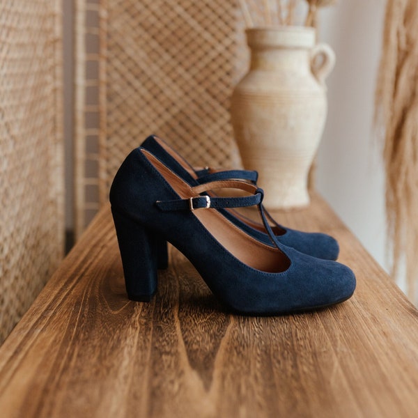 Retro style natural navy blue suede leather, mary jane heels shoes, gift for her, boho style shoes, boho bride
