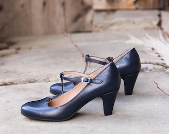 Handmade Navy Leather Mary Jane Heels: Retro Style Shoes