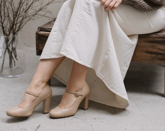 Mary-Jane beige leather shoes, genuine leather pumps, retro heel shoes, bride shoes, nature lover, beige pumps