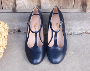 Retro style navy blue genuine leather ballet flats, mary jane shoes, mom and daughter shoes, gift for her, boho style shoes, nature lover