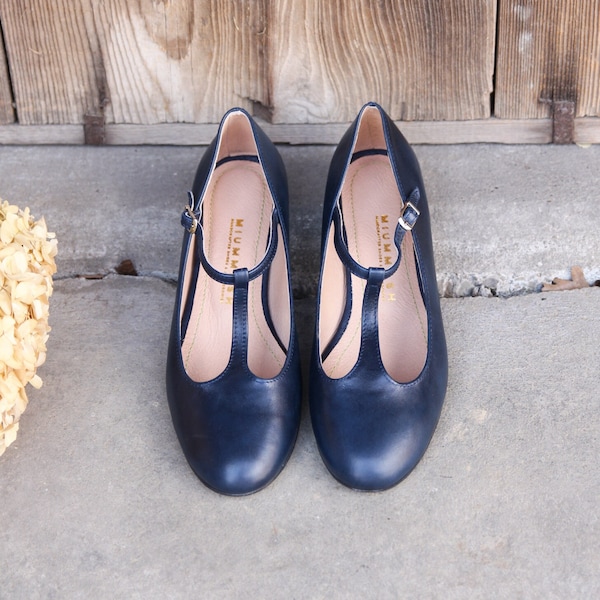 Retro-Stil Marineblau echtes Leder Ballerinas, Mary Jane Schuhe, Mutter und Tochter Schuhe, Geschenk für sie, Boho-Stil Schuhe, Naturliebhaber