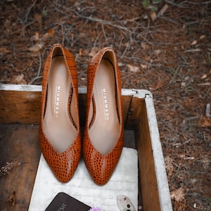 Puede incluir: Un par de bailarinas marrones de punta con un patrón texturizado de reptil, colocadas en una caja de madera. Los zapatos están colocados encima de un libro y papel vintage, con flores secas. La marca "MIUMMASH" es visible dentro de los zapatos.