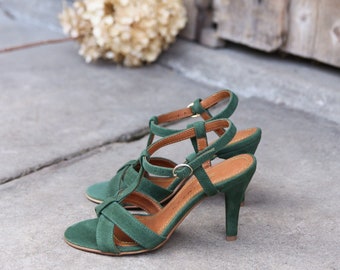 Natural bottle green suede leather high heels sandals , gift for her, boho style shoes, nature lover, boho wedding
