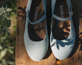 Mary-Jane natural suede leather shoes, eucalyptus shade of green, retro style ballet flats, nature lover, mary jane ballerinas,