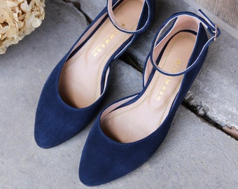 Leather ballerinas, navy blue genuine suede leather, ankle strap flats, suede ballet flats, women flat shoes, boho wedding shoes, bridal