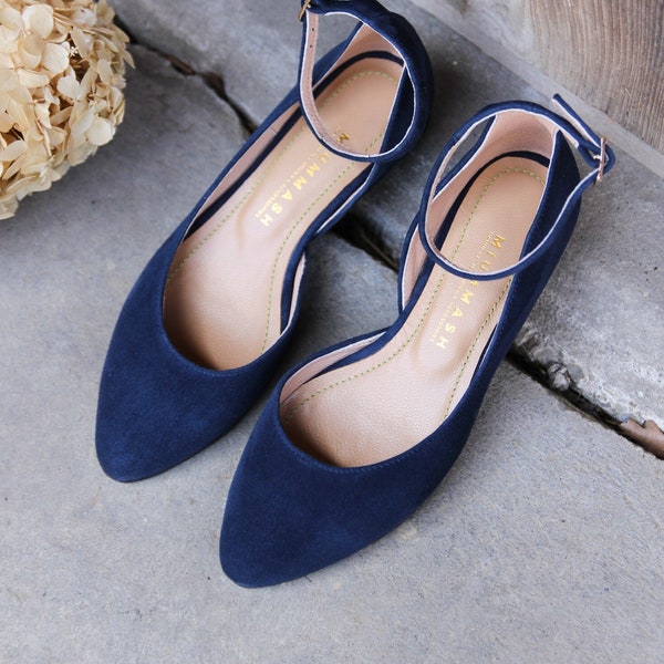 Leather ballerinas, navy blue genuine suede leather, ankle strap flats, suede ballet flats, women flat shoes, boho wedding shoes, bridal