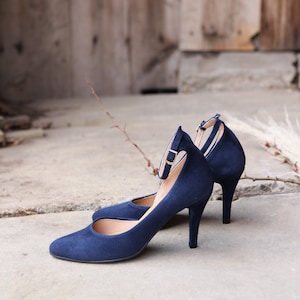 High heels natural navy blue suede leather, decollate shoes , gift for her, boho style shoes, nature lover, boho wedding