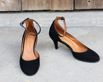 Natural black suede leather classic pumps with straps, gift for her, boho style shoes, retro style pumps, nature lover