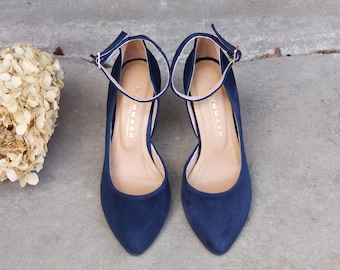 High heels natural navy blue suede leather, decollate shoes , gift for her, boho style shoes, nature lover, boho wedding