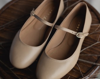 Handmade Beige Leather Mary Jane Flats, Retro Ballet Shoes