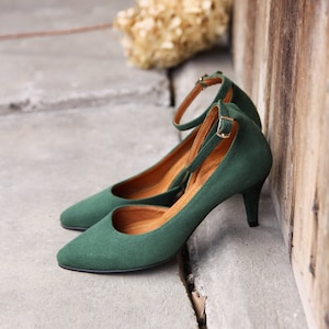 High heels natural bottle green suede leather, decollate shoes , gift for her, boho style shoes, nature lover, boho wedding image 2