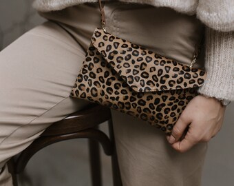 Multi-purpose clutch bag, natural leather, leopard print leather, crossbody bag, chain purse, waist bag, minimalistic style, nature lover