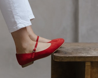 Chaussures en cuir véritable rouge Mary-Jane, ballerines de style rétro, chaussures faites à la main, chaussures à bout arrondi, style classique, chaussures plates, tenue de printemps