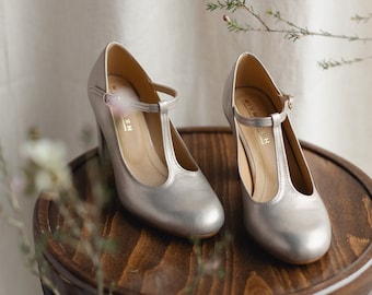 Cuir véritable doré de style rétro, chaussures à talons mary jane, cadeau pour elle, chaussures de mariée, chaussures de mariage, amoureux de la nature