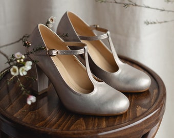 Retro-Stil Gold echtes Leder, Mary Jane Heels Schuhe, Geschenk für sie, Braut Schuhe, Hochzeit Schuhe, Naturliebhaber