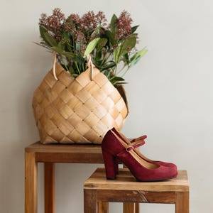Mary-Jane burgundy suede leather shoes, high heel shoes, nature lover, burgundy pumps, velvet leather, Mary Janes, high heels
