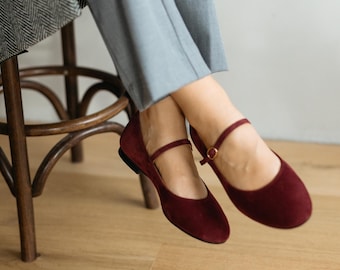 Handmade Burgundy Suede Mary Jane Flats: Retro Ballet Shoes - Main Image