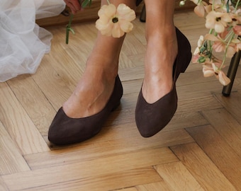 Velvet Leather Ballerinas: Classic Chocolate Brown Pointed Toe Flats